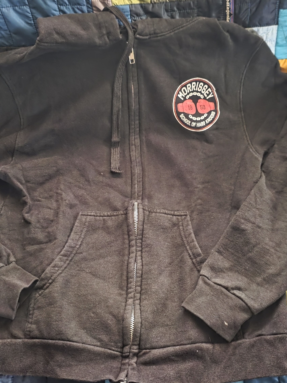 Morrissey Y? Black Zip-Up Hoodie with Chest Patch